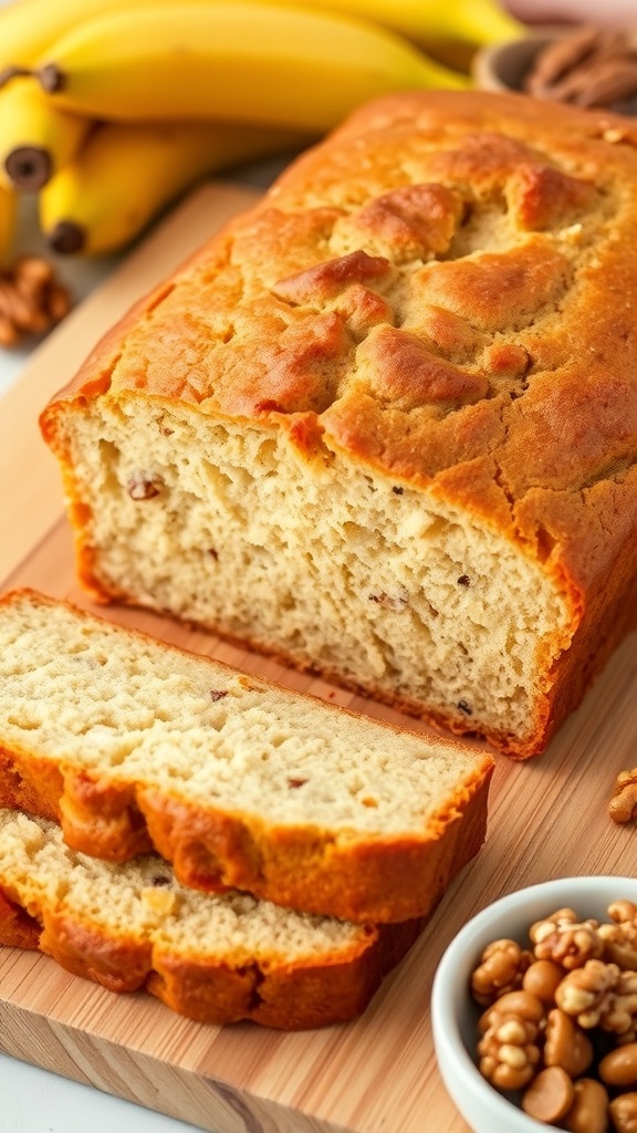 Gluten-Free Banana Bread Recipe Sliced gluten-free banana bread on a cutting board with ripe bananas and walnuts.